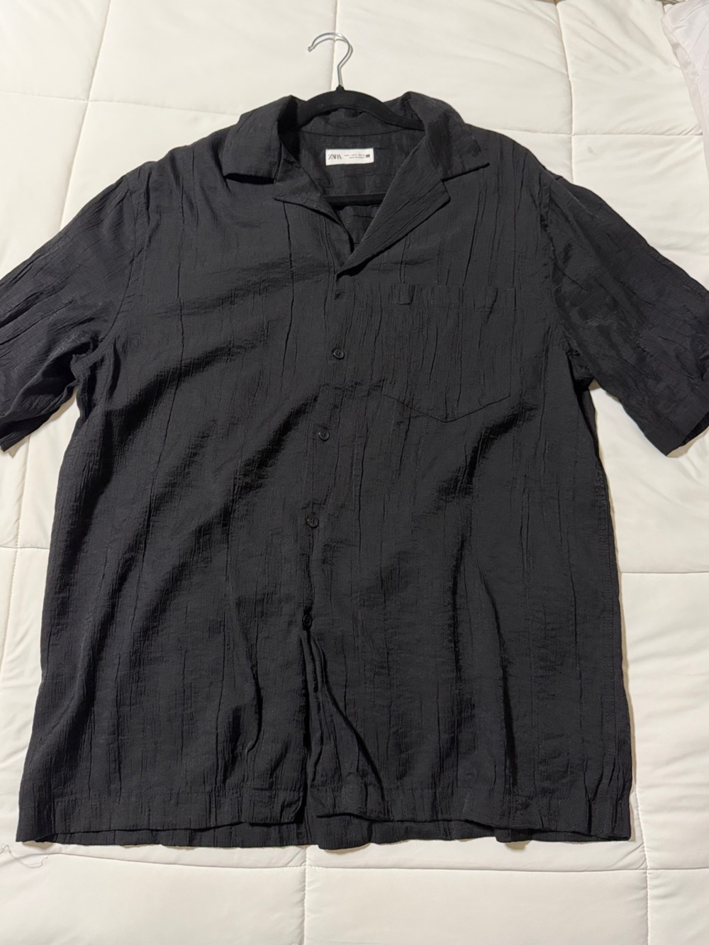 Zara Black Textured Short-Sleeve Camp Collar Shirt